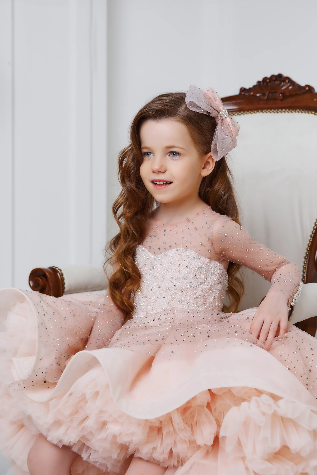 Blush Pink Flower Girl Dresses For Wedding High Low Beaded Long Sleeve Pageant Gowns For Photoshoot Tulle First Communion Dress