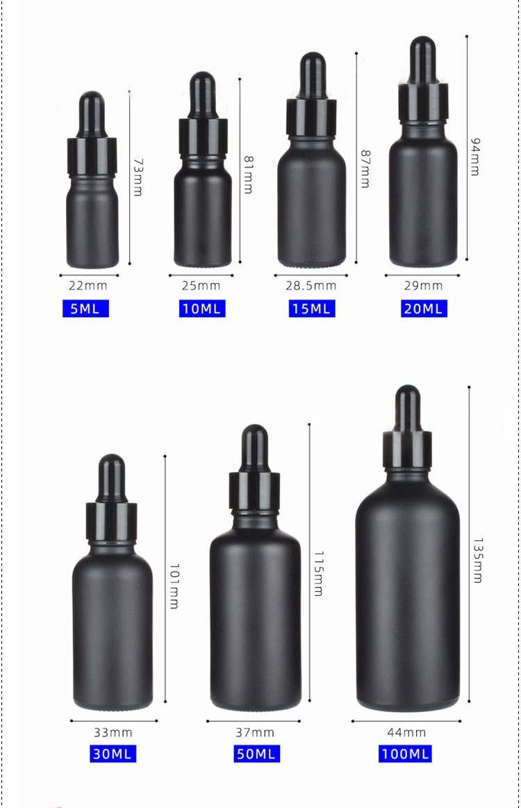 Matte Black Glass Essential Oil Bottles Eye Dropper Bottle with Shiny Anodized Aluminum Cap 5ml 10ml 15ml 30ml 50ml 100ml
