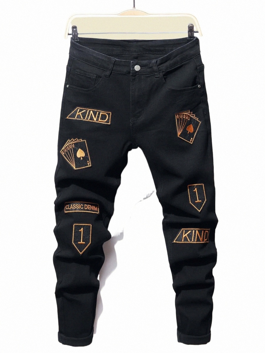 Men's Jeans men Letter & Playing Card Patched Detail Jeans b5RB#