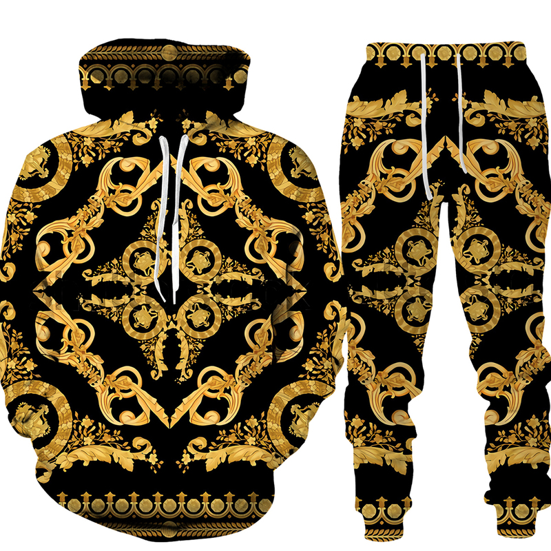 Men's Tracksuits Golden Pattern Chain 3D Printed Men's Tracksuit Hoodie Pants Set Oversize Street Style PulloverTrousersSuits Mens Clothes 2