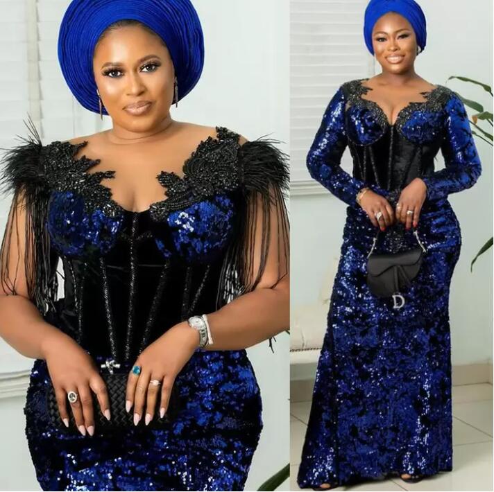 Royal Blue Sequins Valvet African Prom Dresses Sheer O-neck Long Sleeve Lace Beaded Aso Ebi Evening Engagement Gown