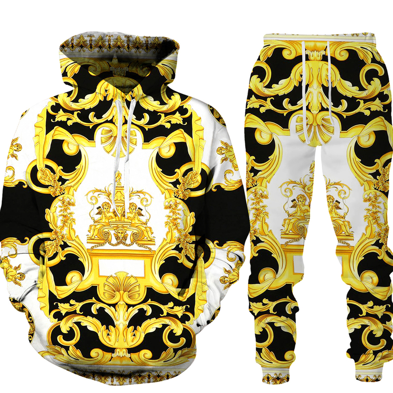Men's Tracksuits Golden Pattern Chain 3D Printed Men's Tracksuit Hoodie Pants Set Oversize Street Style PulloverTrousersSuits Mens Clothes 2