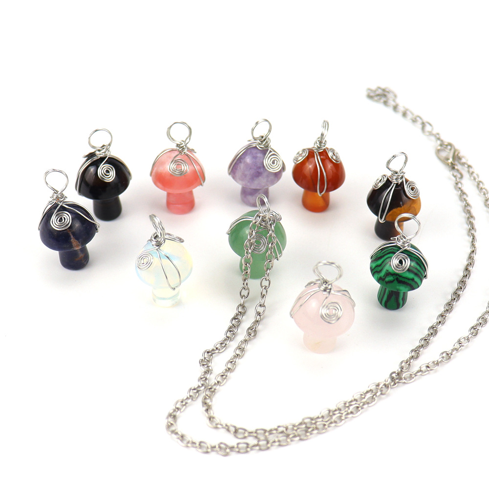 Natural Stone Wire Wrap Carving Mushroom Pendant Reiki Healing Crystal Tiger Eye Quartz Aventurines Necklace for Women Jewelry