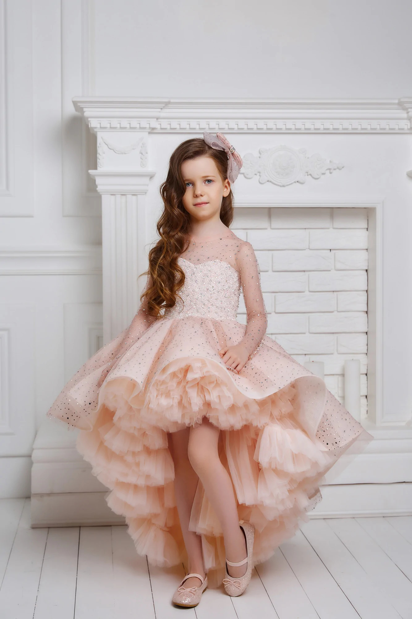 Blush Pink Flower Girl Dresses For Wedding High Low Beaded Long Sleeve Pageant Gowns For Photoshoot Tulle First Communion Dress