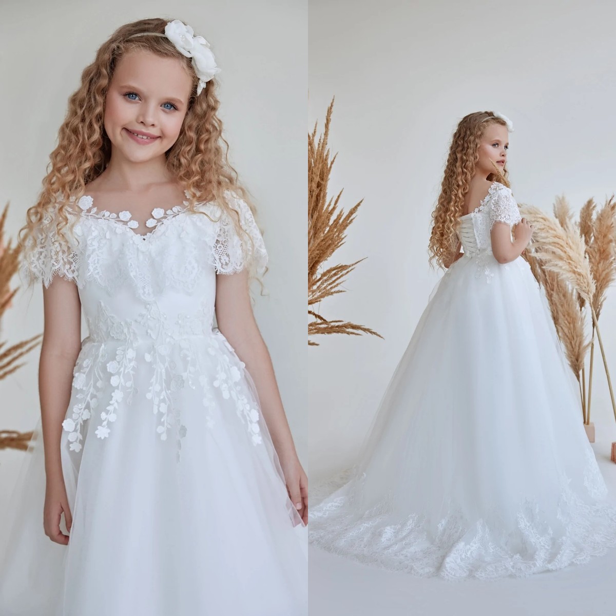 White Lace A Line Flower Girl Dresses For Wedding Short Sleeve Pageant Gowns For Photoshoot Tulle First Communion Dress