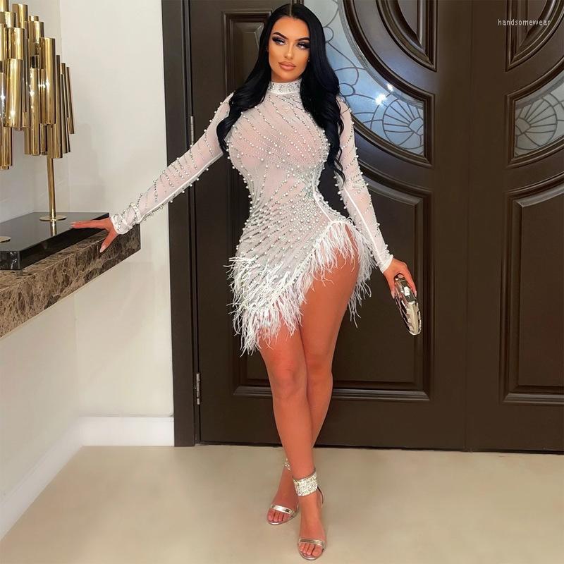 Tassel Feather Dimoand Sheer Mesh Party Dress Pearls Women Glam Night Sparkle Rhinestone Fringed Birthday Outfits