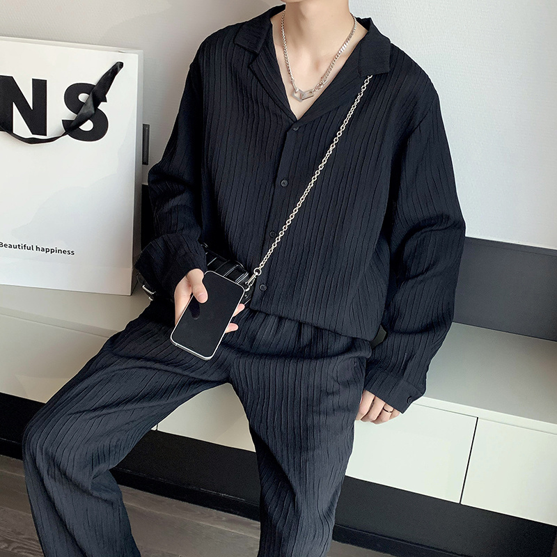 Mens Tracksuits Black White Pleated Sets Men Fashion Casual Longsleeved ShirtTrousers Twopiece Men Korean Loose Oversized Clothing Mens Suit 220905