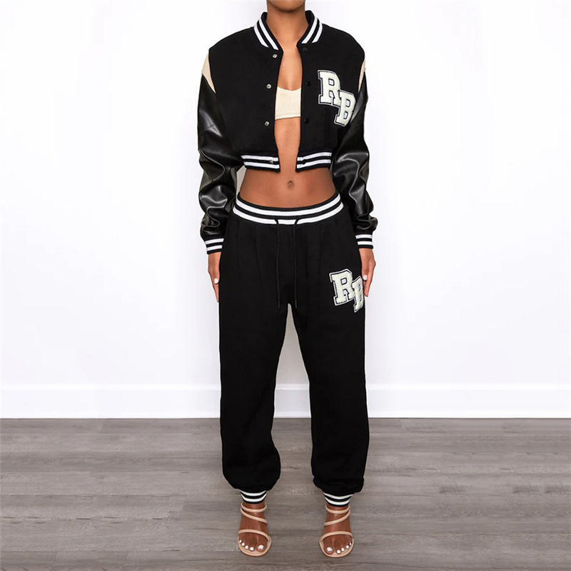 Women jacket autumn new clothing fashion embroidered patch fabric splicing Faux Leather loose stand collar Baseball Jacket