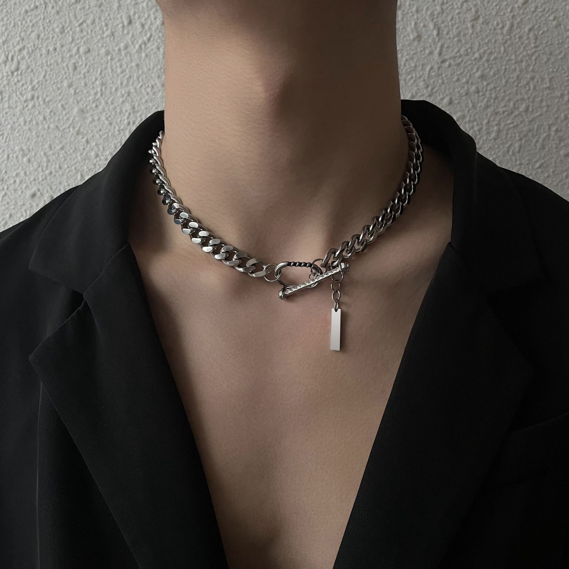 Pendant Necklaces and Charm Bracelets Cuban titanium steel hip hop niche full drilled clavicle chain