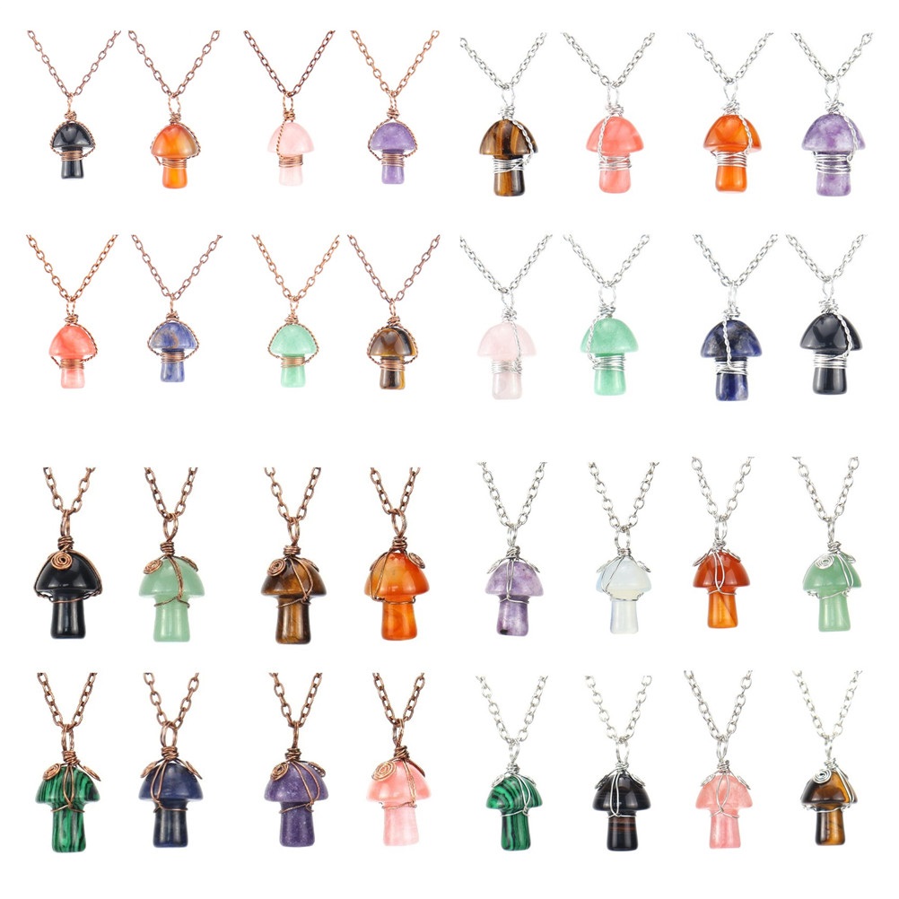 Natural Stone Wire Wrap Carving Mushroom Pendant Reiki Healing Crystal Tiger Eye Quartz Aventurines Necklace for Women Jewelry