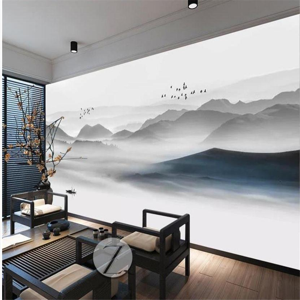Chinese 3d wallpaper black white mountain TV background wall wallpaper living room film and television wallpaper mural tea room 3d wallpapers