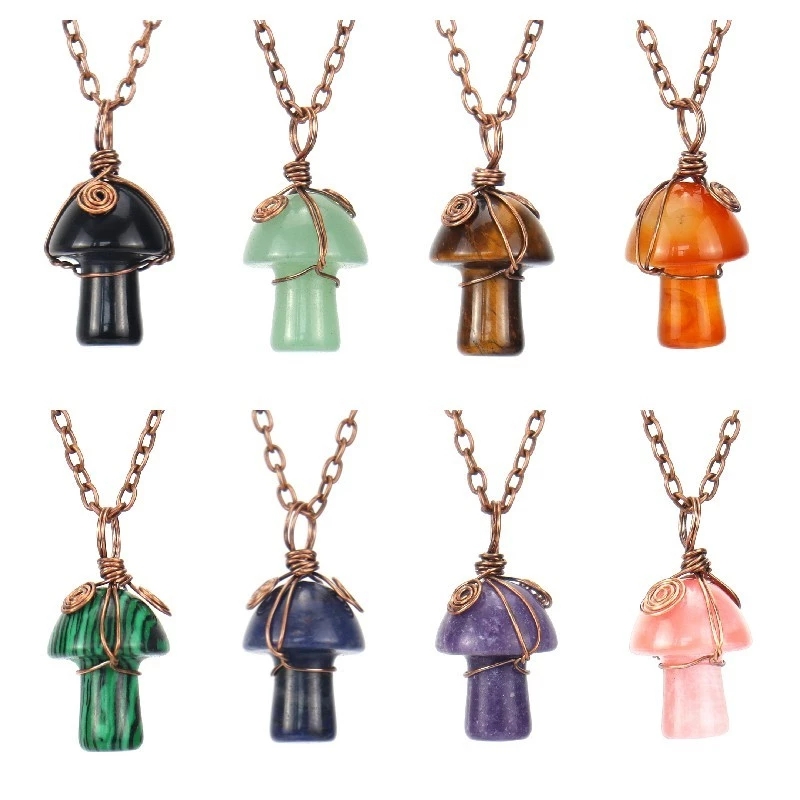 Natural Stone Wire Wrap Carving Mushroom Pendant Reiki Healing Crystal Tiger Eye Quartz Aventurines Necklace for Women Jewelry