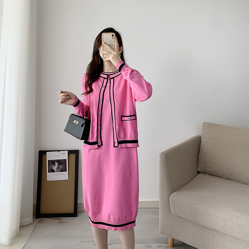 Two Piece Dress Vintage Knitted 2 Piece Sets Womens Outfits Elegant Long Sleeve Cardigan Short Sleeve Midi Dress Set Korean Fashion Suits 220906
