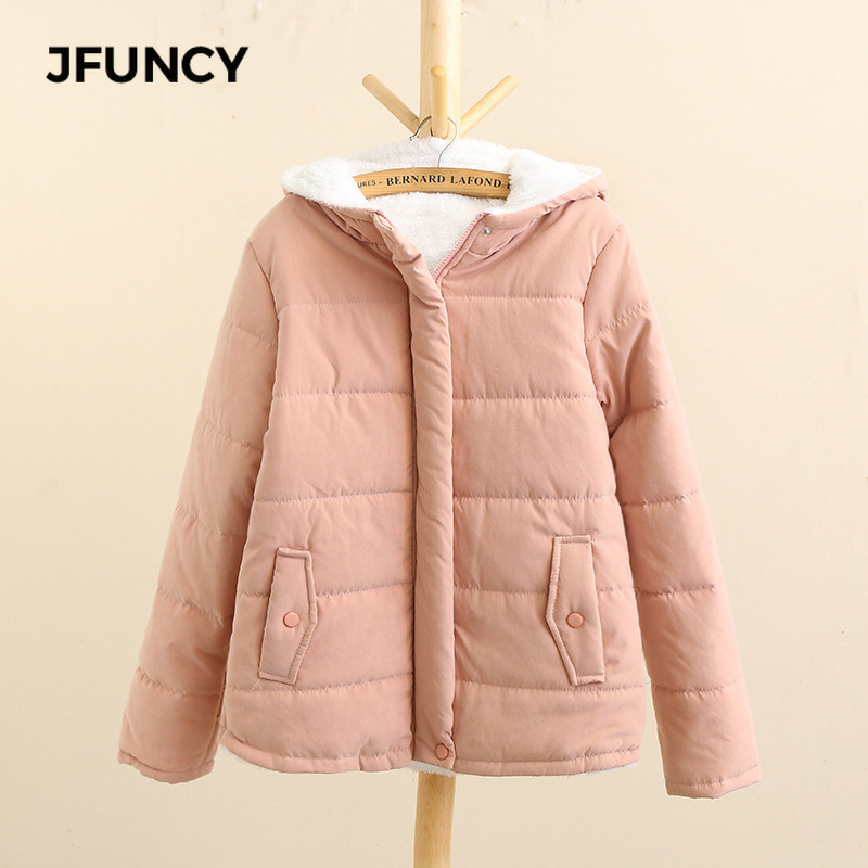 Women's Down Parkas JFUNCY Women Winter Fleece Parkas Coat Korean Casual Jackets Cotton Hooded Windproof Warm Pink Khaki Velvet Coat for Women 22