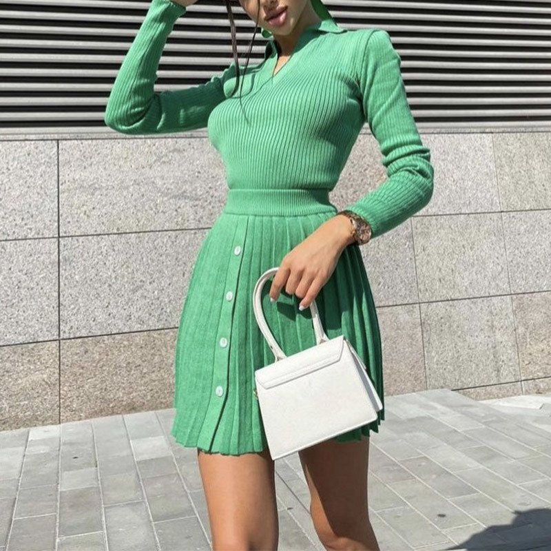 Two Piece Dress Women Knit Suit Mini Pleated Skirt Pullovers Set Spring Fashion Slim Knitwear Top And High Waist Skirt Buttons Suits Ladies 220906