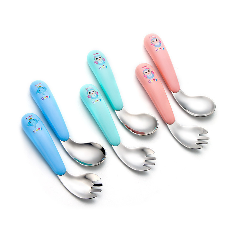Cups Dishes Utensils Kids Spoon Fork Cartoon Stainless Steel born Food Feeding Curved Spoons Forks Utensil Toddler Tableware Cutlery Baby Gadgets 2209