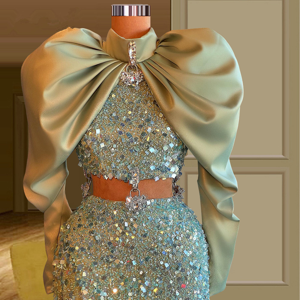 Stylish Puff Sleeves Prom Dresses Beaded Sequined Party Dresses Side Split Custom Made Evening Dress