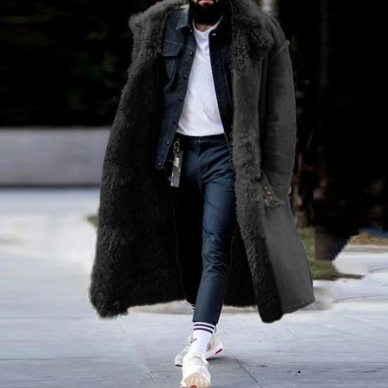 Mens Trench Coats Mens Trench Coats Color Solid Autumn Winter and Long Thickened Overcoat Lapel Frosted Velvet Sleeves Warm Pie To Overcome CottonPadd