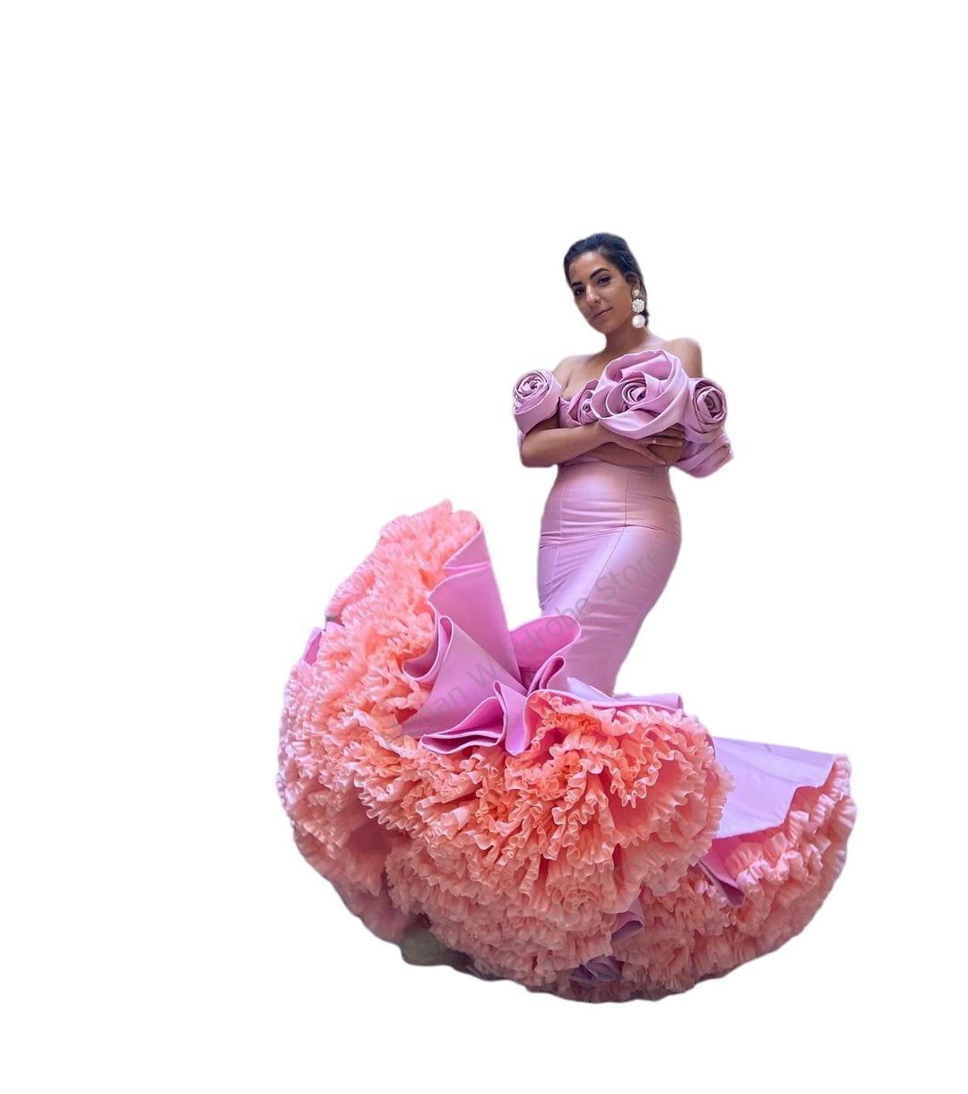 Sweet Pale Pink Mermaid Spanish Style Prom Dresses Ruffled Pleated Tulle Rose Shoulder Flamenco Dancing Evening Gown