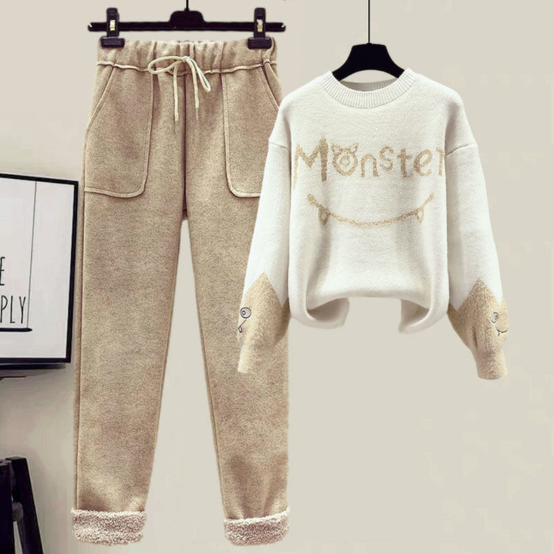 Womens Two Piece Pants Casual Tracksuit Women Monster Letter Printed Knitted Mink Fleece Pullover Sweaters Pants Sets Two Piece Suit Female Plus Size 