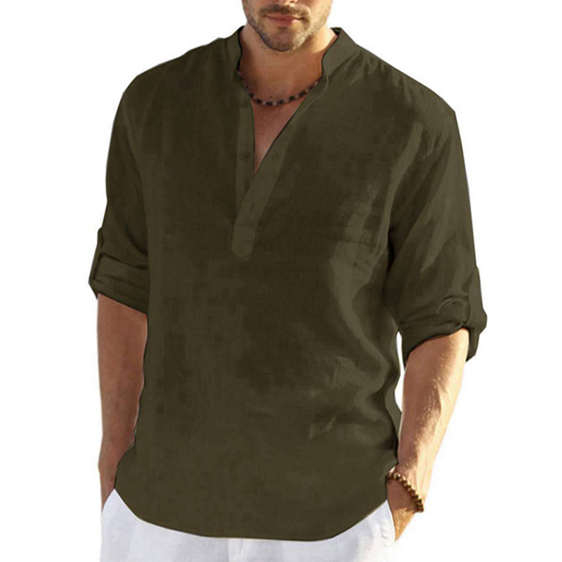 Men's T-Shirts Men's Casual Blouse Spring Autumn Cotton Linen V Neck Long Sleeve Button Tee Shirt Fashion Handsome Male Loose T Shirts 22090