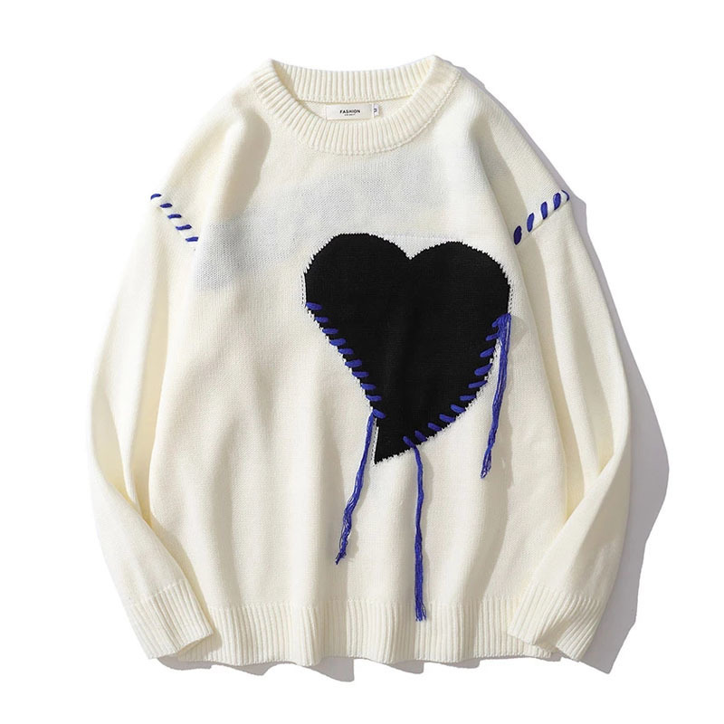 Men's Sweaters Harajuku Heart-shape Pattern Tassel Knitted Ugly Sweaters Men Hip Hop Vintage Casual Loose O-Neck College Style Pullover Couples 2