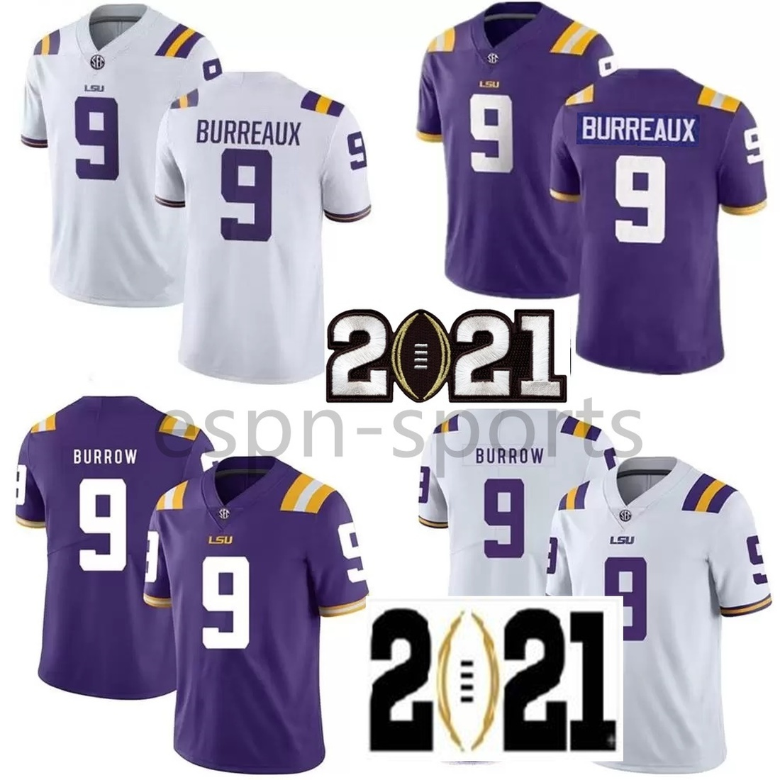 NCAA LSU Tigers #9 Burreaux Jersey 9 Joe Burrow White Purple College Football Jersey -Factory Outlet