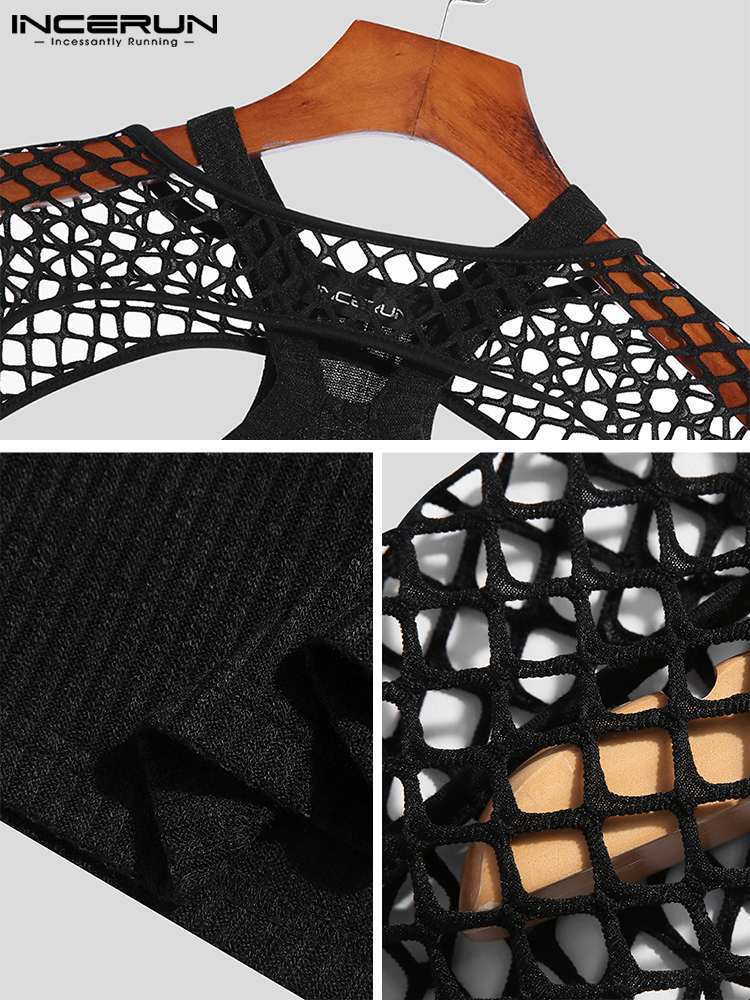 Men's T-Shirts American Style Men Vest T-shirts Suits Male Sexy Leisure Mesh Short Vests Hollow Out Long Sleeve Camiseta S-5XL INCERUN 220906