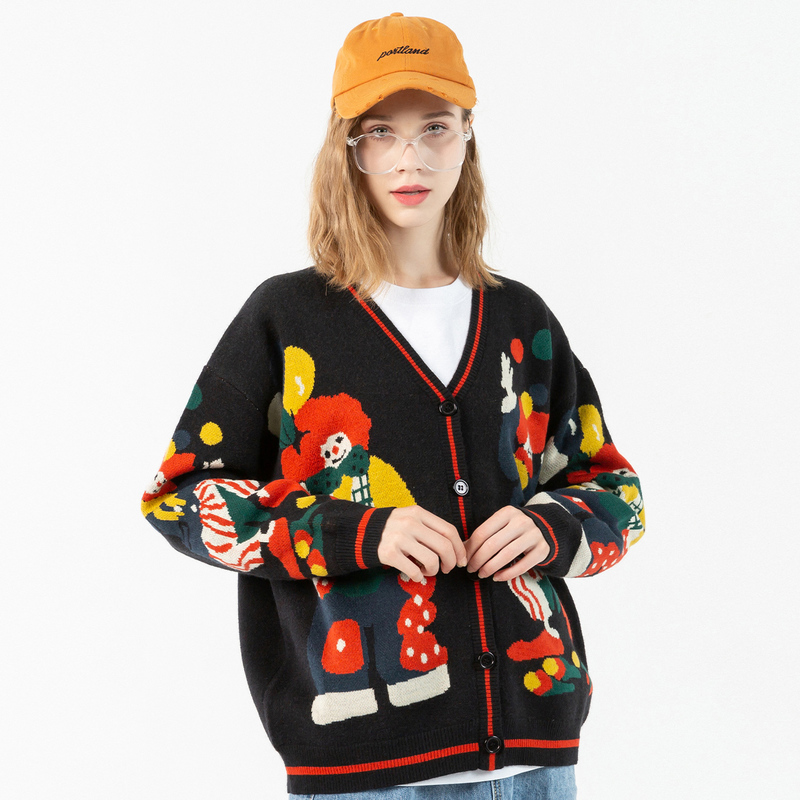 Men's Sweaters Christmas Knitted Sweater Women Cardigan Oversized Streetwear Knit Jumper Funny Clown Print Cotton Men's Harajuku Knit Coats 