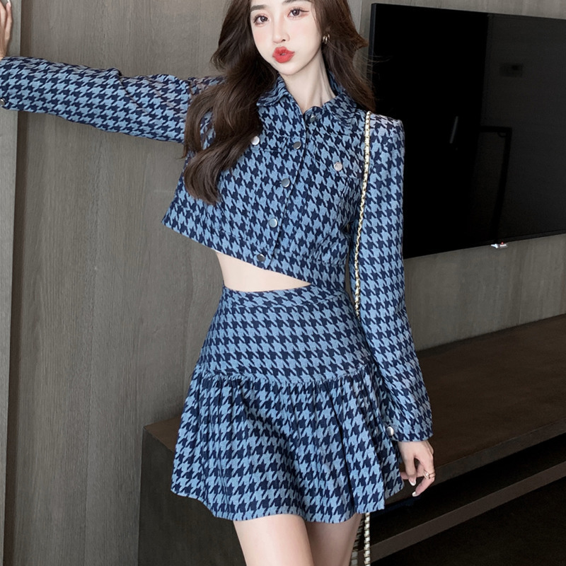 Two Piece Dress Small Fragrance Houndstooth Suit Women Crop Top Short Jacket Coat Mermaid Skirts Sets two piece outfit autumn French Style 220906