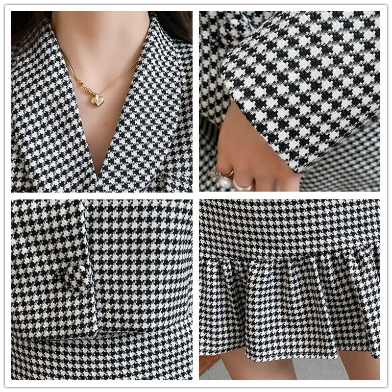 Two Piece Dress Vintage Houndstooth Womens Suit Blazer Crop Tops Mermaid High Waist Mini Skirt Set Women Short Jacket Coat Outfit 220906