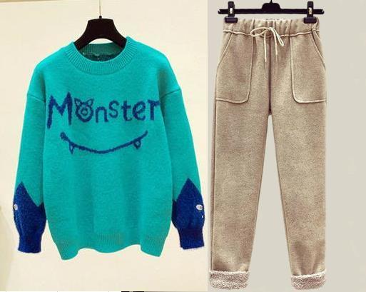 Womens Two Piece Pants Casual Tracksuit Women Monster Letter Printed Knitted Mink Fleece Pullover Sweaters Pants Sets Two Piece Suit Female Plus Size 