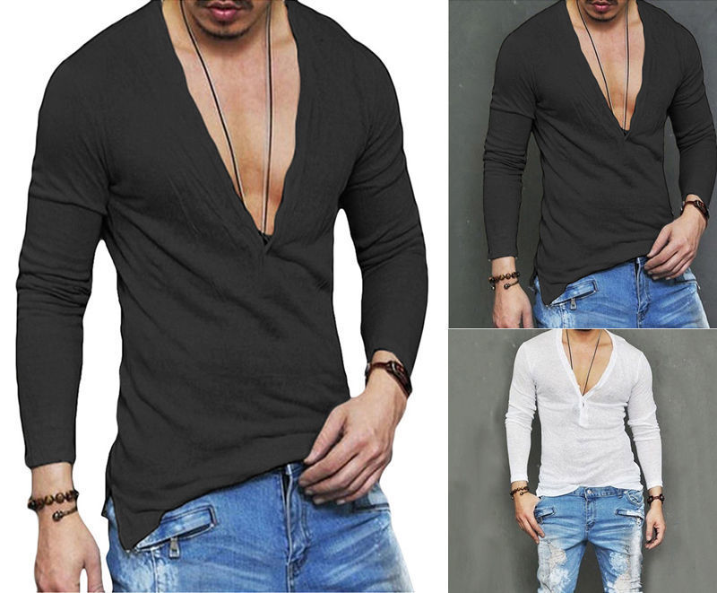 Men's T-Shirts US Stock Fashion Men Casual Slim Fit Long Sleeve Deep V-neck Sexy Shirt T-shirts 220906