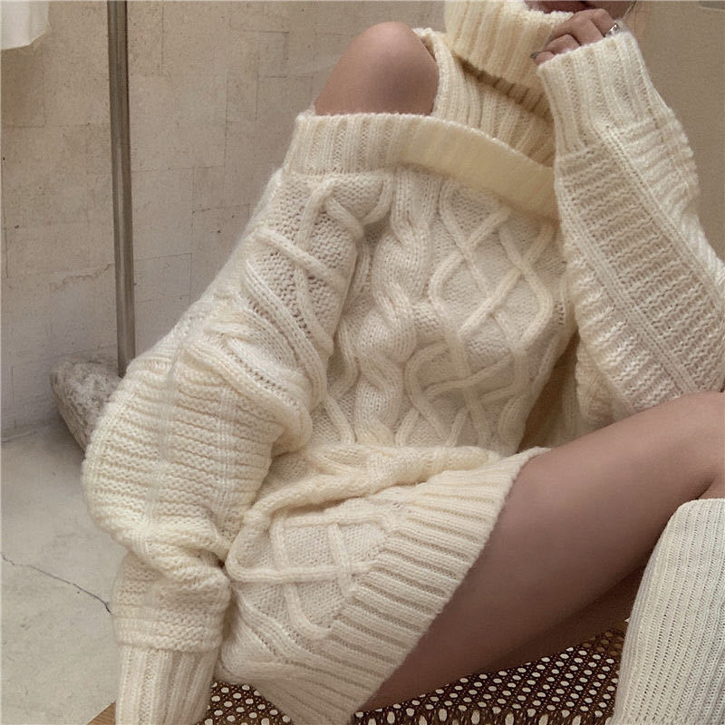 Womens Sweaters Winter Korean Style Sweaters Knitted Solid Color Pullovers Turtleneck Sweater Women Warm Off Shoulders Womens Clothes 220906