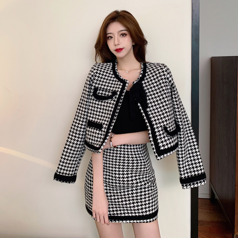 Two Piece Dress Vintage Houndstooth Woolen Suit Women Elegant Plaid Bowknot Crop Top Jacket MIni Boycon Skirt Set 2 Piece Outfit Tracksuit 220906