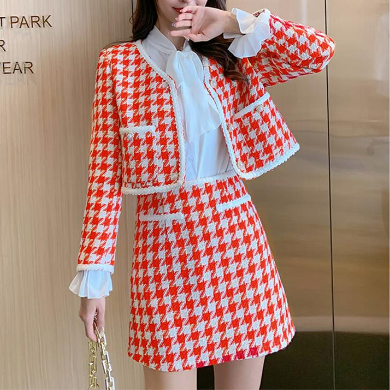 Two Piece Dress Vintage Houndstooth Woolen Two Piece Set Women Vneck Pearl Button Cropped Jacket Coat Aline Mini Skirt Sutis Female Outfit 220906
