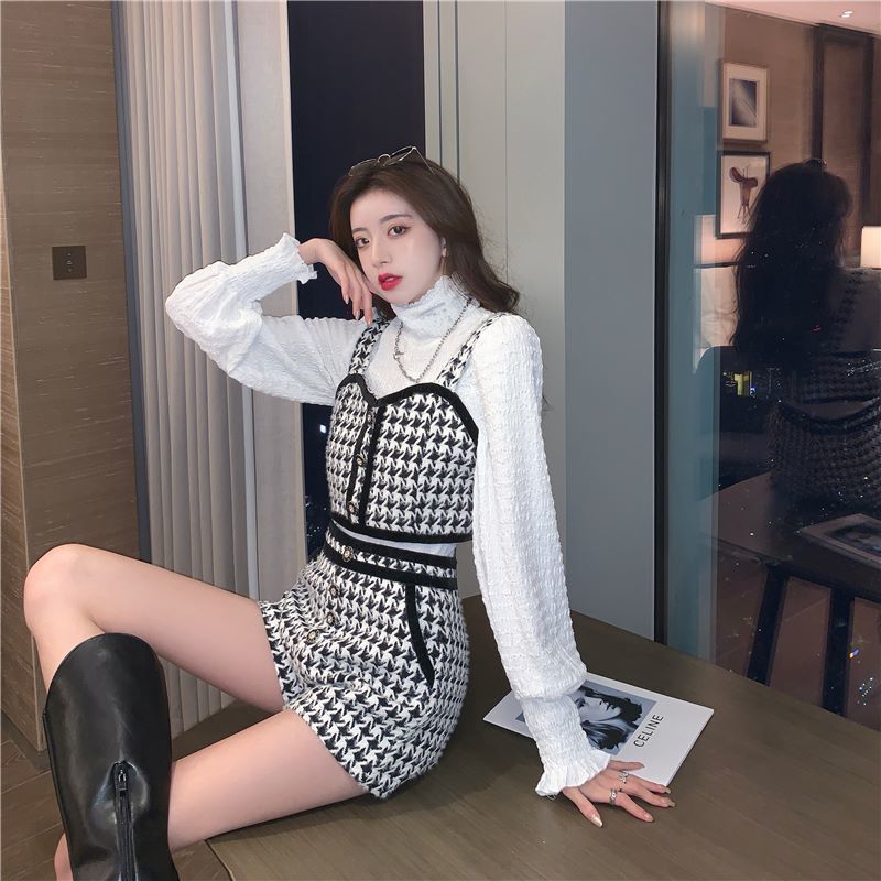 Womens Two Piece Pants Autumn Tweed Houndstooth 3 Piece Set WomenTurtleneck White BlouseVest Tweed Vest Mini Shorts Sets Korean Chic Vintage Suit 2209