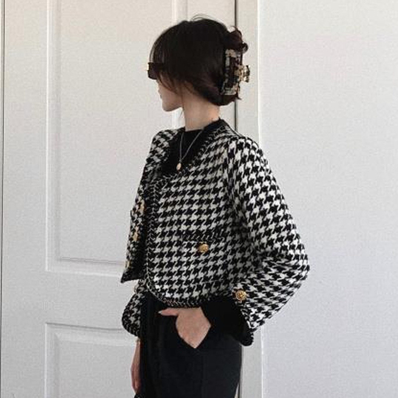 Womens Jackets Autumn Houndstooth Short Jackets Women Long Sleeve Elegant Patchwork Buttons Vintage Oneck Office Lady Fashion Coat Female 220906