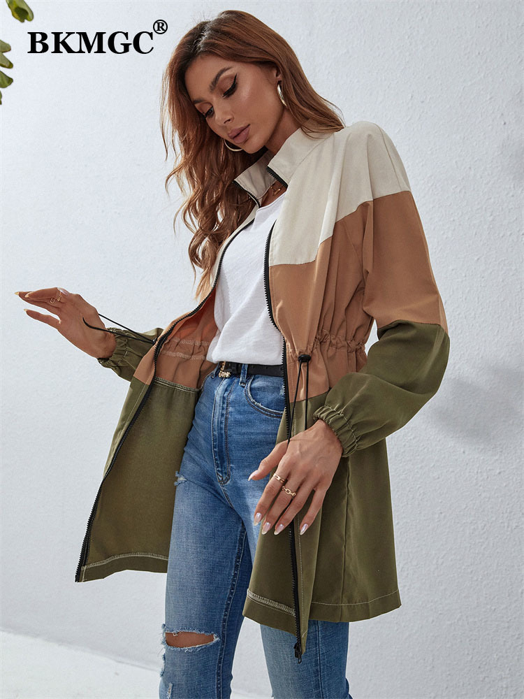 Women's Trench Coats BKMGC Spring Autumn Streetwear Green Brown Beige Wide Strips Zipper Hight Waist Long Coat Windbreaker Jacket for Women 2238 