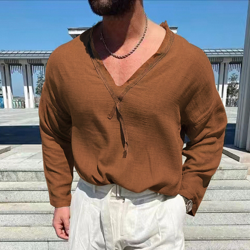 Men's T-Shirts Vintage Ripped Solid T-shirts Mens Spring Casual Loose Long Sleeve V-Neck Tee Shirt Fashion Men Clothes Tops Streetwear 220906