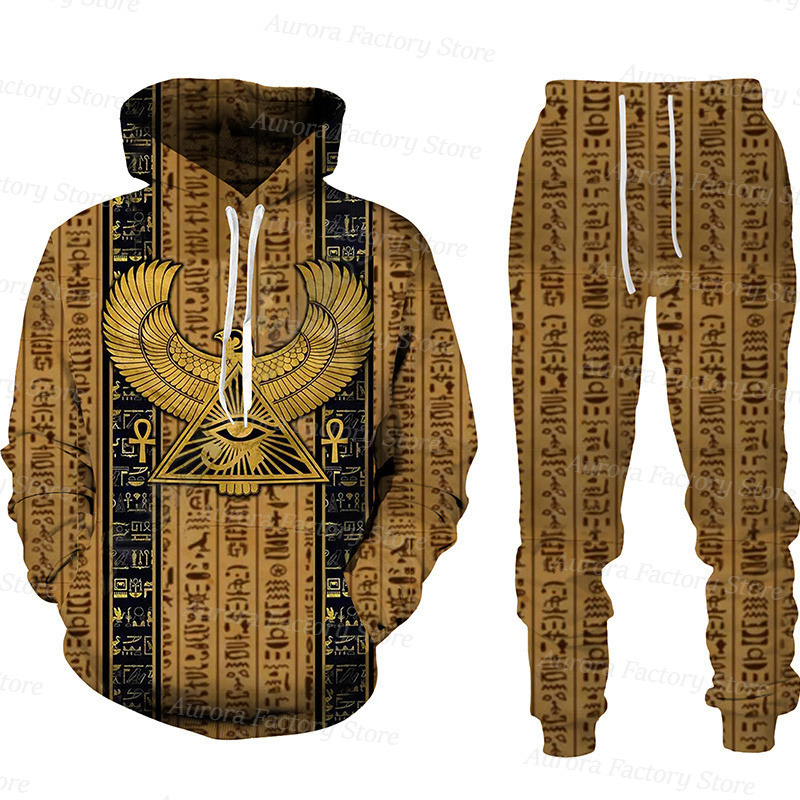 Mens Tracksuits Mens Tracksuit 2 Piece Vintage Hoodie Set Egyptian Mythology Outfit Suit Long Sleeve Comfortable Daily Clothing With Hat 220906