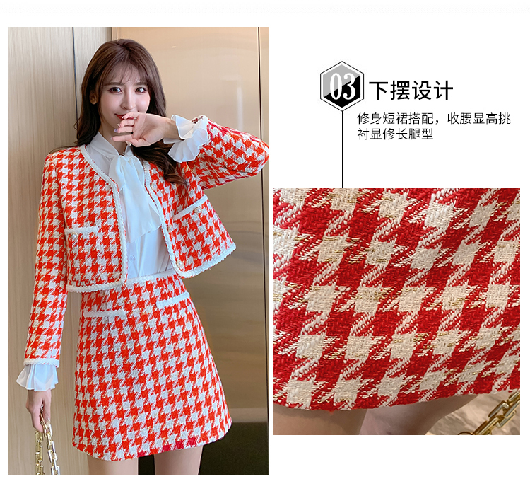 Two Piece Dress Vintage Houndstooth Woolen Two Piece Set Women Vneck Pearl Button Cropped Jacket Coat Aline Mini Skirt Sutis Female Outfit 220906
