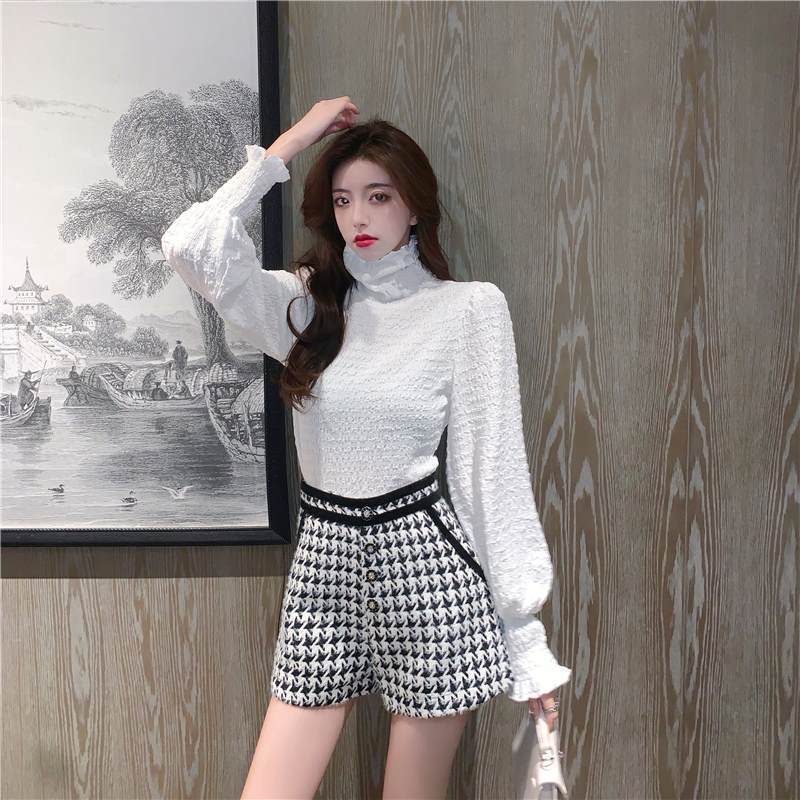 Womens Two Piece Pants Autumn Tweed Houndstooth 3 Piece Set WomenTurtleneck White BlouseVest Tweed Vest Mini Shorts Sets Korean Chic Vintage Suit 2209