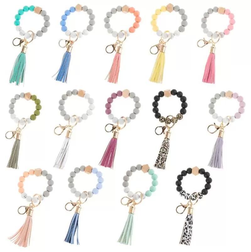 Wholesale Wooden Tassel Bead String Bracelet chain Food Grade Silicone Beads Bracelets Women Girl Key Ring Wrist Strap FY2981