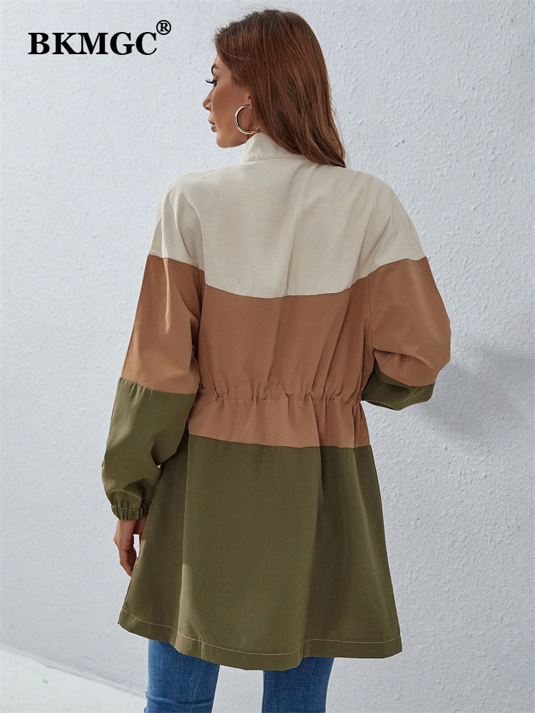 Women's Trench Coats BKMGC Spring Autumn Streetwear Green Brown Beige Wide Strips Zipper Hight Waist Long Coat Windbreaker Jacket for Women 2238 