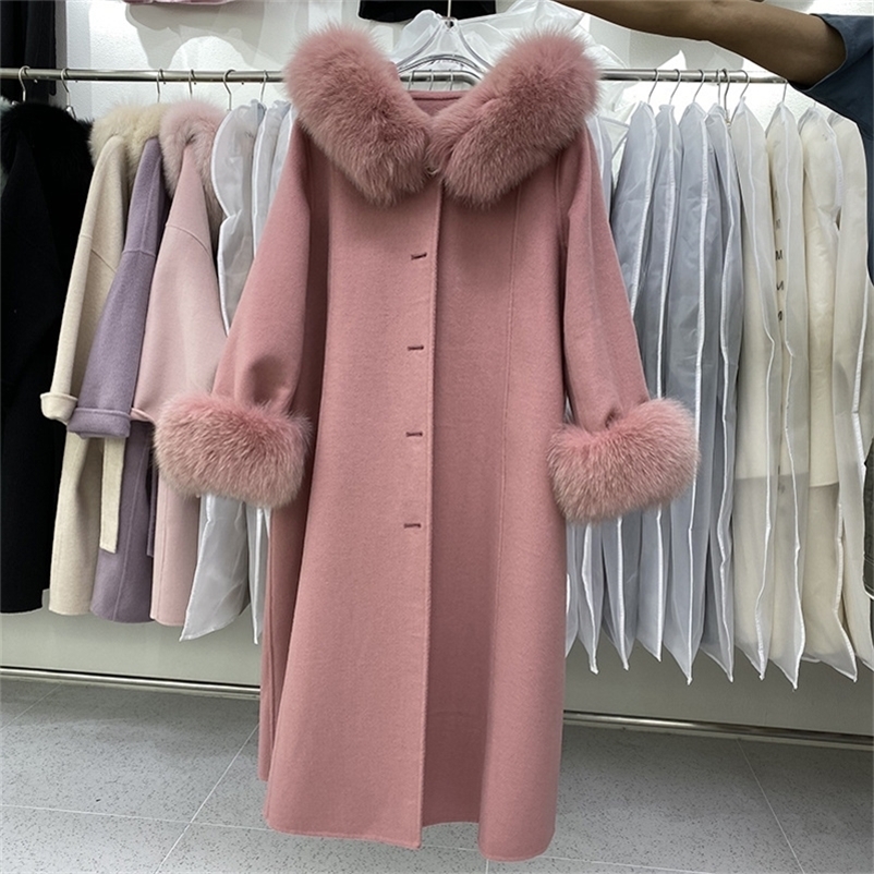 Women's Wool Blends Women Winter Coat Wool Long Cashmere Coat Elegant Fall Korean Real Fur Collar Hooded Women's Double-sided Woolen Coat 22