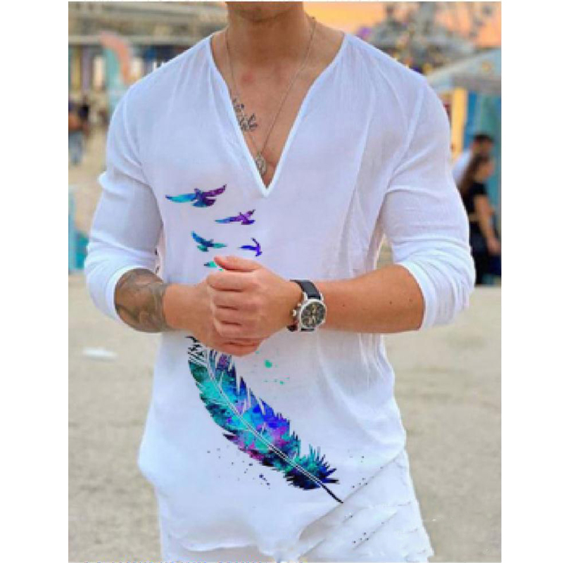 Men's T-Shirts Men T-shirt Long Sleeves Harajuku Tees Animal Printed Sexy V-neck Loose Tshirts Spring Autumn Streetwear Fashion Clothes Tops 2209