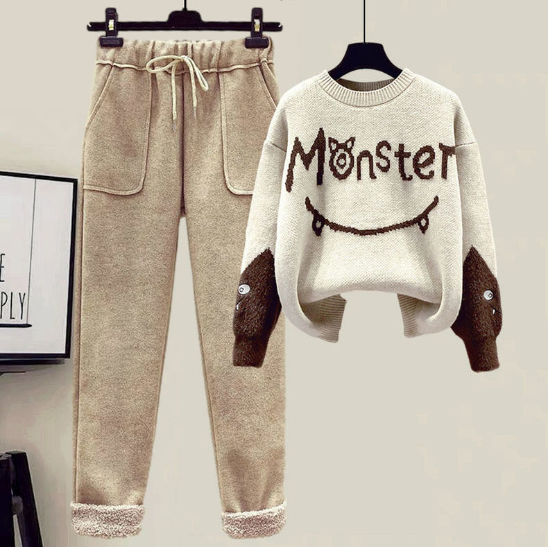 Womens Two Piece Pants Casual Tracksuit Women Monster Letter Printed Knitted Mink Fleece Pullover Sweaters Pants Sets Two Piece Suit Female Plus Size 