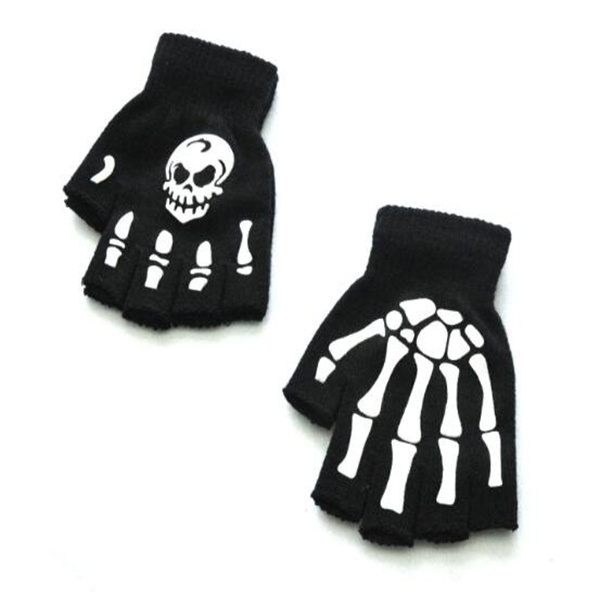 Warm Knitting Gloves For Adult Solid Acrylic Half Finger Glove Human Skeleton Head Gripper Print Cycling Non-slip Wrist Gloves GC1575