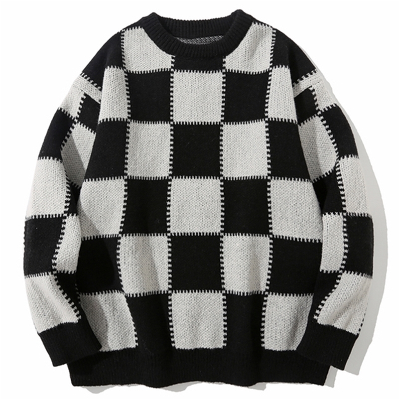 Men's Sweaters Winter High Street Plaid Sweater Vintage Men Pullovers Japanese Style Hip Hop Streetwear Couples Loose Wool Oversized Sweater 2209